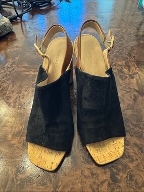 Veronica Beard Black Suede Cork Slingback Mules